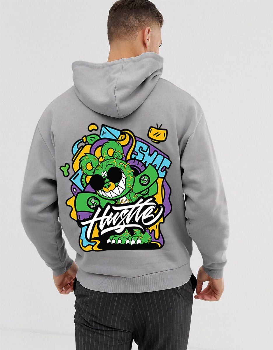 Hustle Mode: Grey Print Men's Oversized Hoodie