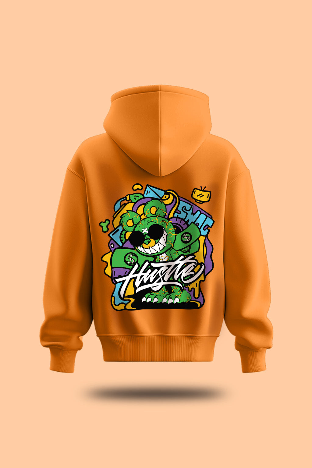 Hustle Orange Oversized Back Graphic Printed Hoodie