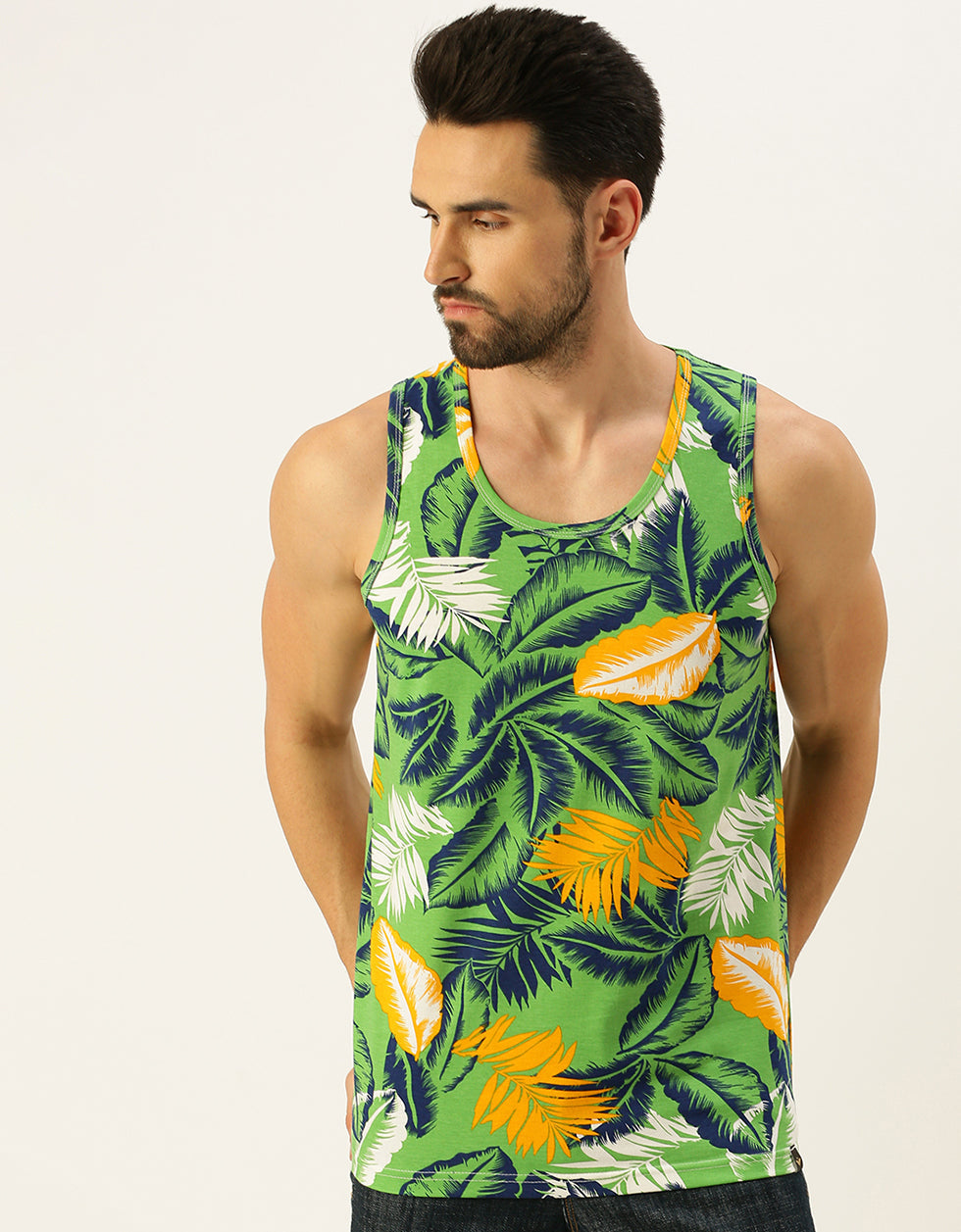 Men's Green Round Neck Printed Men's Vest Veirdo