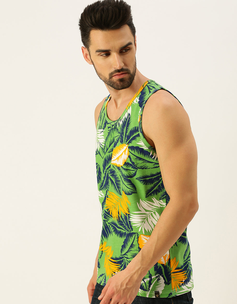 Men's Green Round Neck Printed Men's Vest Veirdo