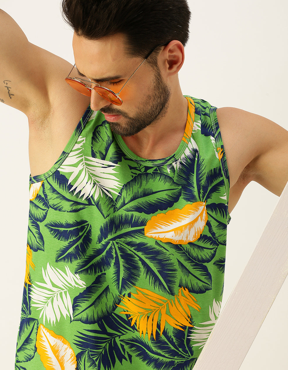 Men's Green Round Neck Printed Men's Vest Veirdo