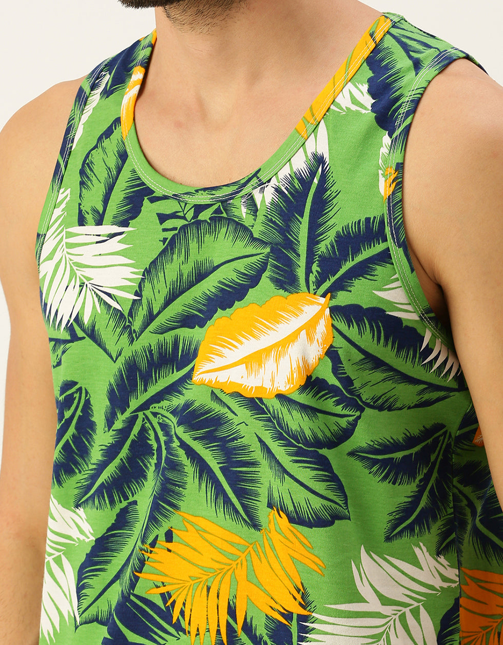 Men's Green Round Neck Printed Men's Vest Veirdo