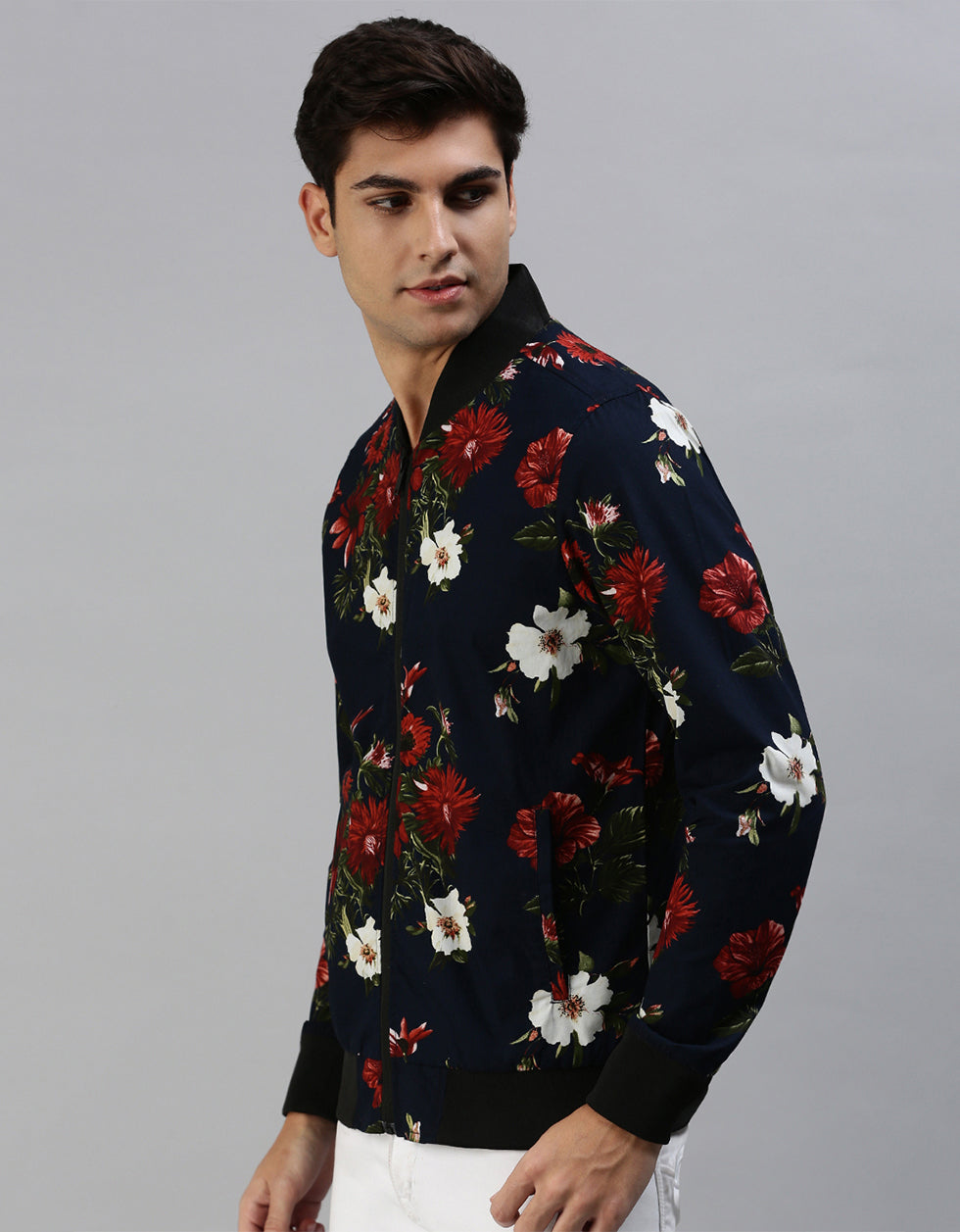 Navy Blue Floral Printed Shacket for Men Veirdo