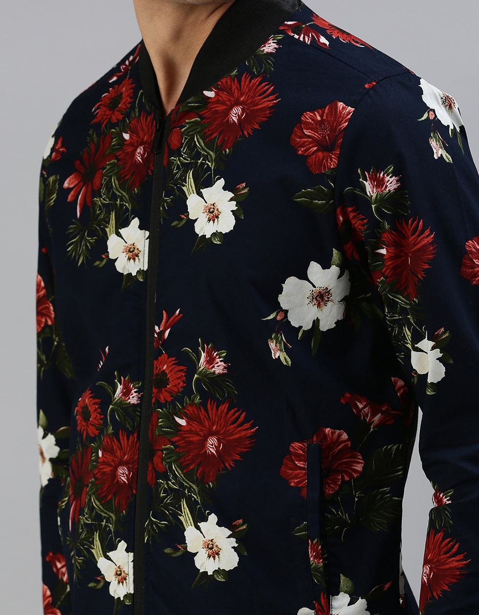 Navy Blue Floral Printed Shacket for Men Veirdo