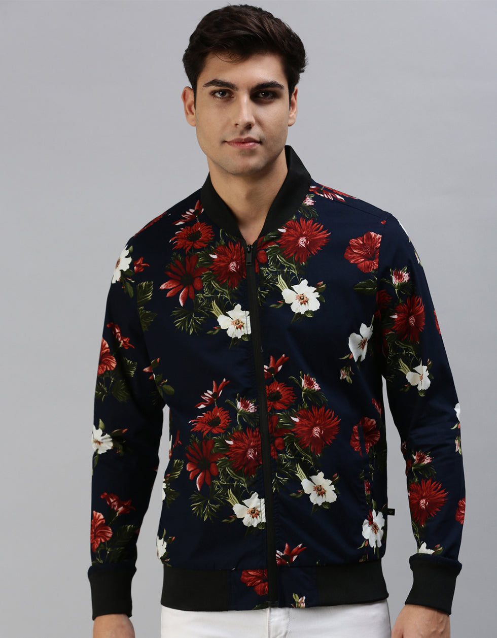 Navy Blue Floral Printed Shacket for Men Veirdo