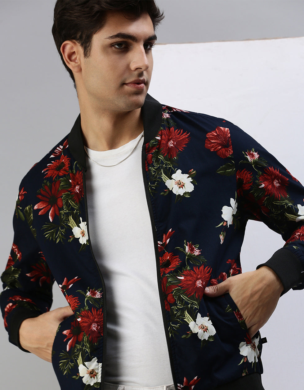 Navy Blue Floral Printed Shacket for Men Veirdo