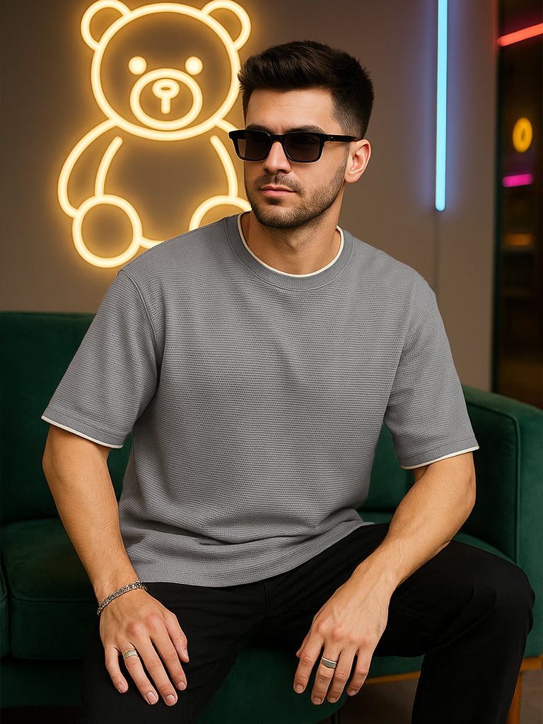 Grey & Mushroom Textured Plain Oversized Exclusive T-shirt