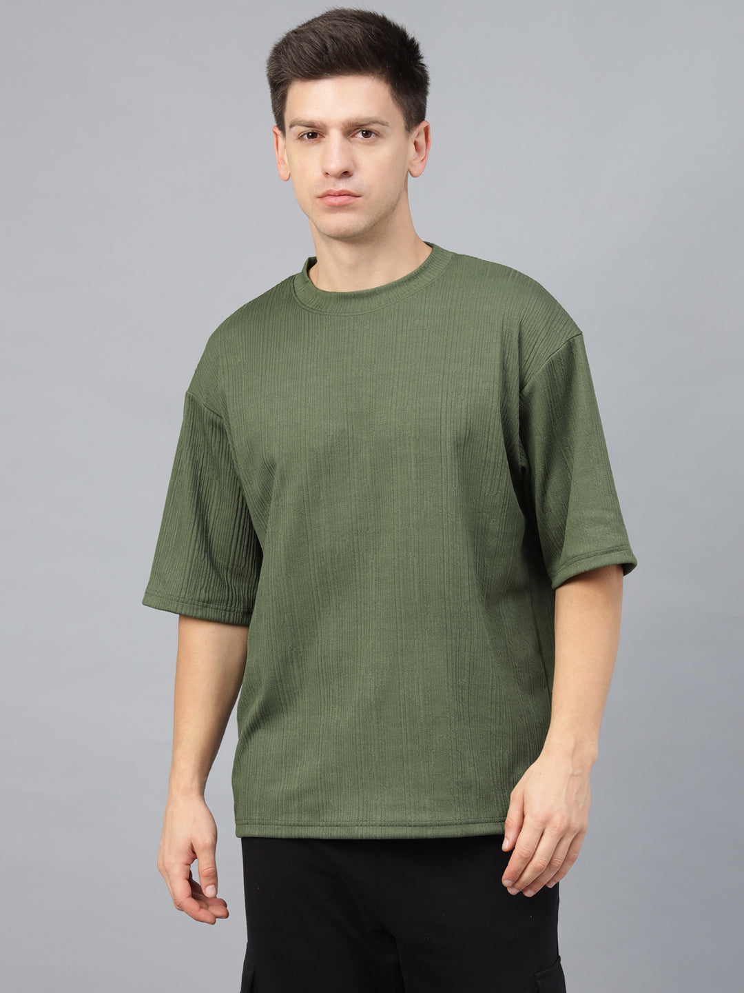 Olive Textured Plain Oversized Exclusive T-shirt