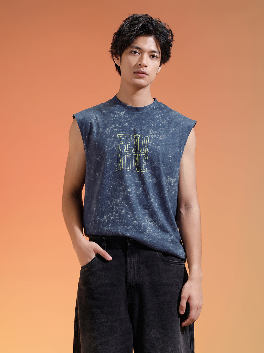 Fear None Royal Blue Oversized Printed Acid Wash Vest