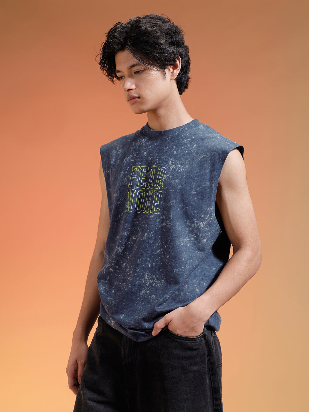 Fear None Royal Blue Oversized Printed Acid Wash Vest