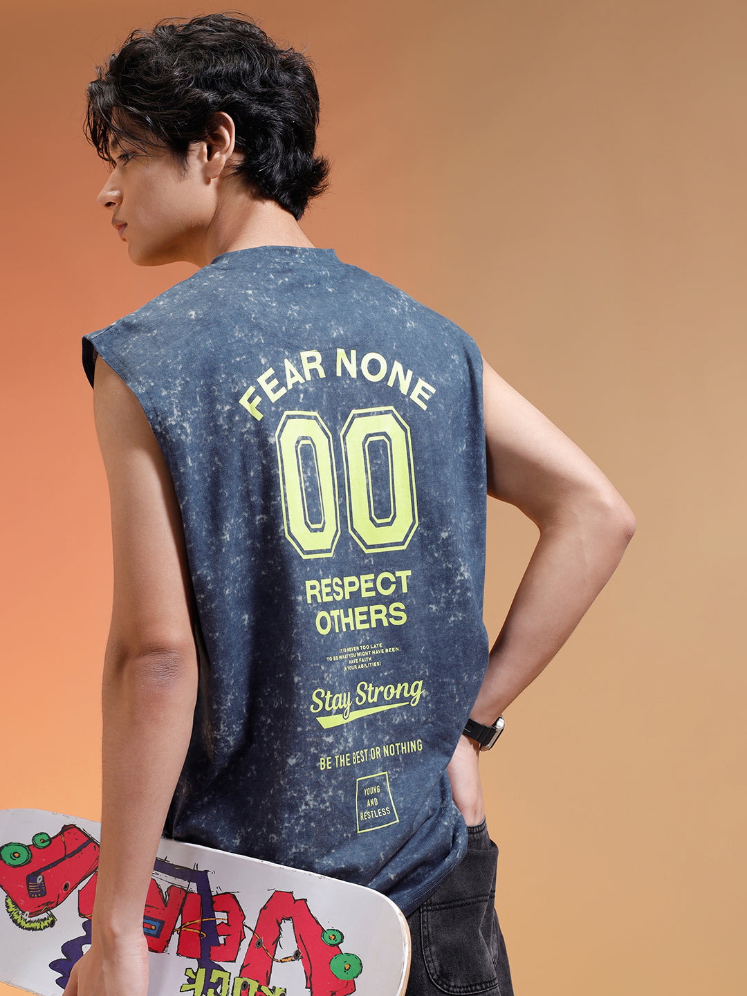 Fear None Royal Blue Oversized Printed Acid Wash Vest