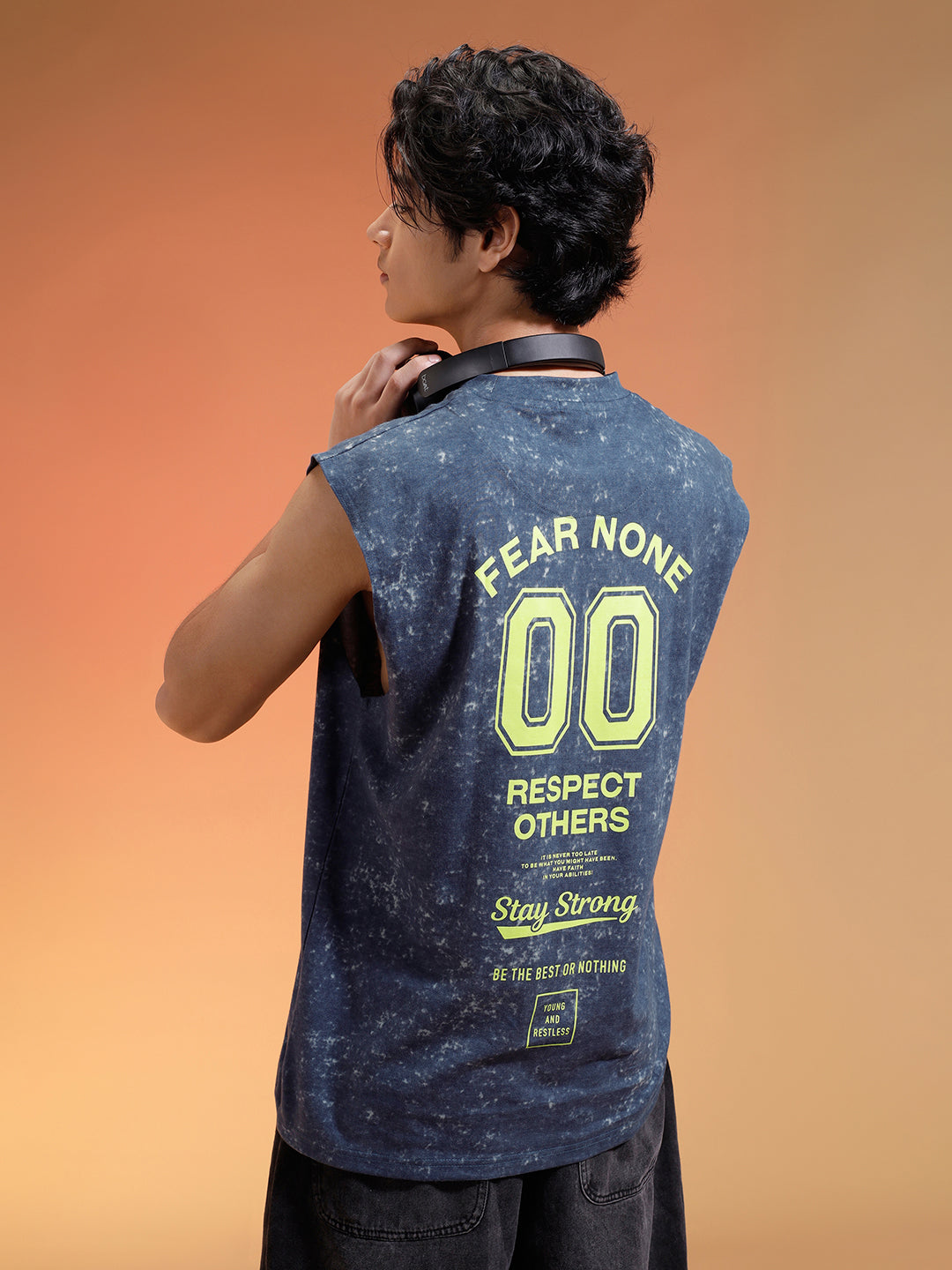 Fear None Royal Blue Oversized Printed Acid Wash Vest
