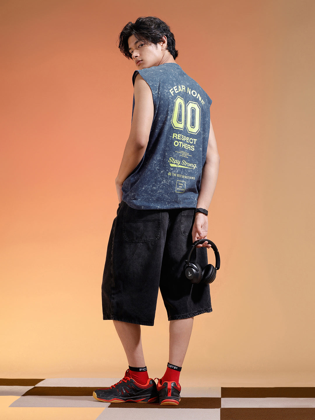 Fear None Royal Blue Oversized Printed Acid Wash Vest