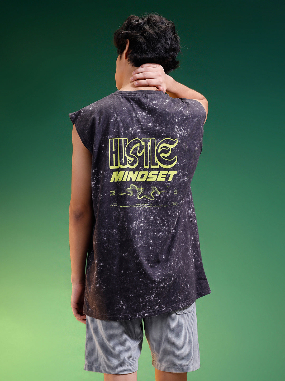 Hustle Black Oversized Printed Acid Wash Vest