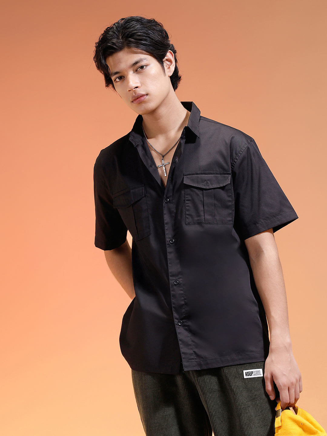 Black Oversized Half Sleeve Dual Pocket Utility Exclusive Shirt