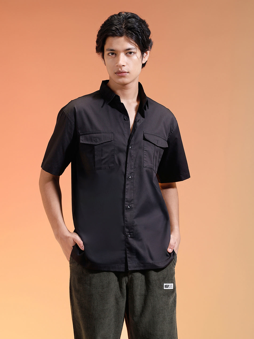 Black Oversized Half Sleeve Dual Pocket Utility Exclusive Shirt
