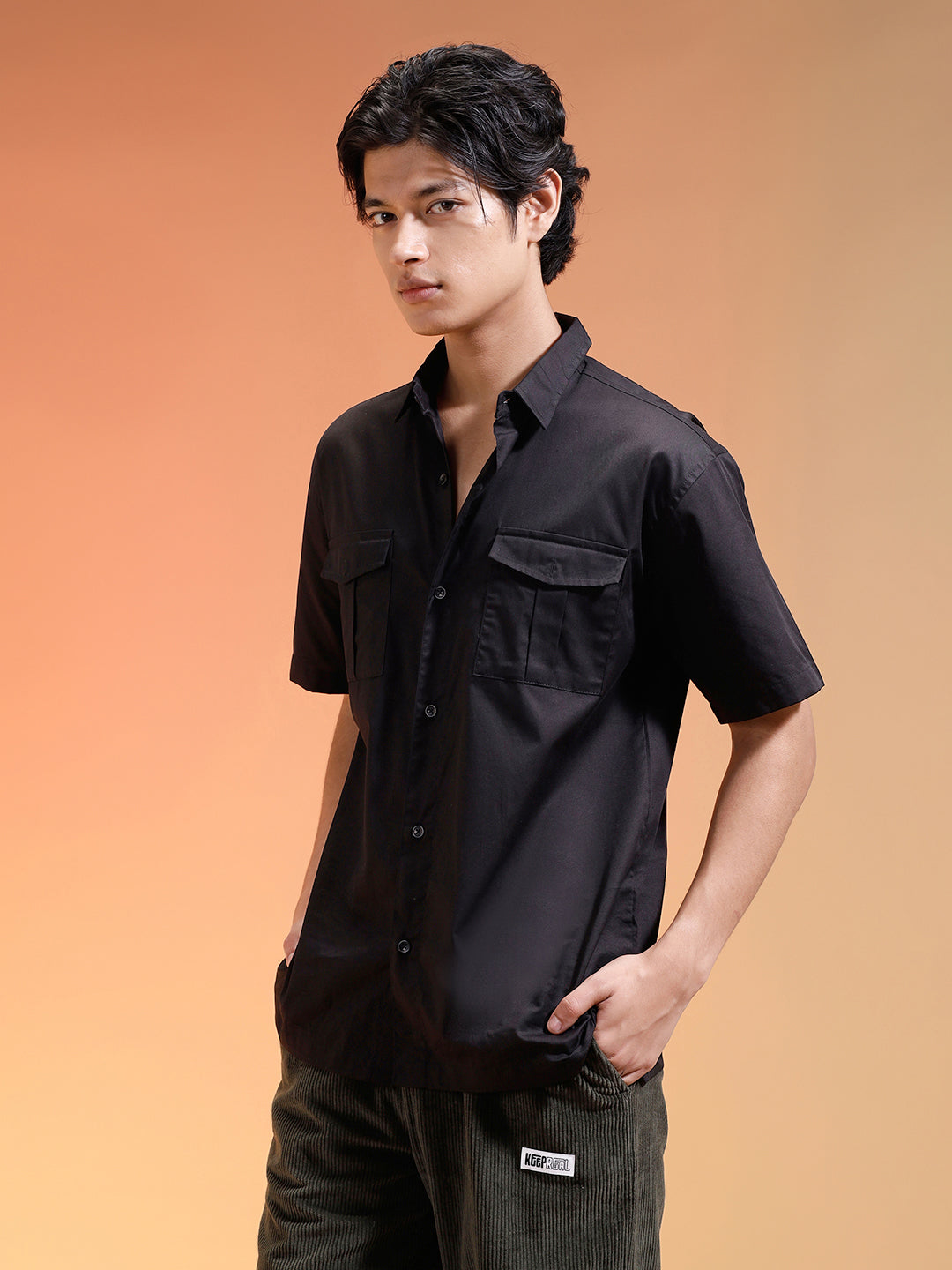 Black Oversized Half Sleeve Dual Pocket Utility Exclusive Shirt