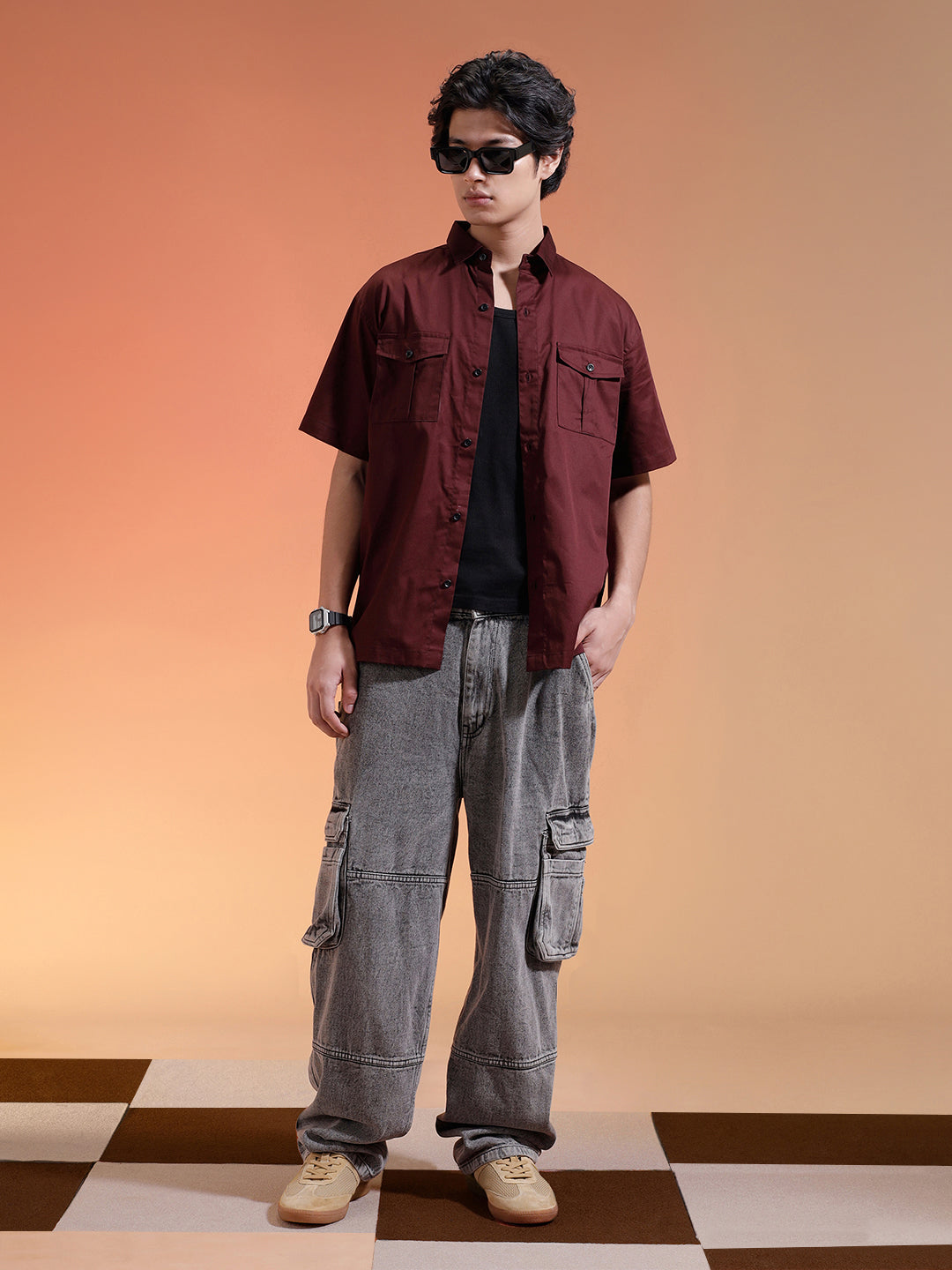 Brown Oversized Half Sleeve Dual Pocket Utility Exclusive Shirt