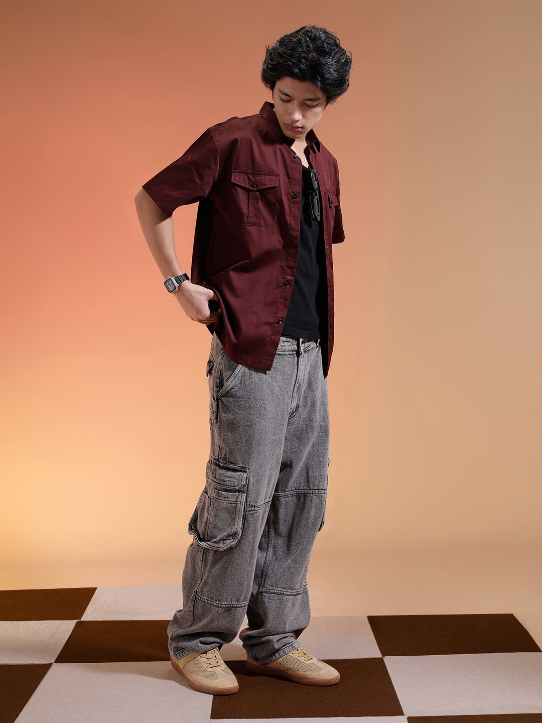 Brown Oversized Half Sleeve Dual Pocket Utility Exclusive Shirt