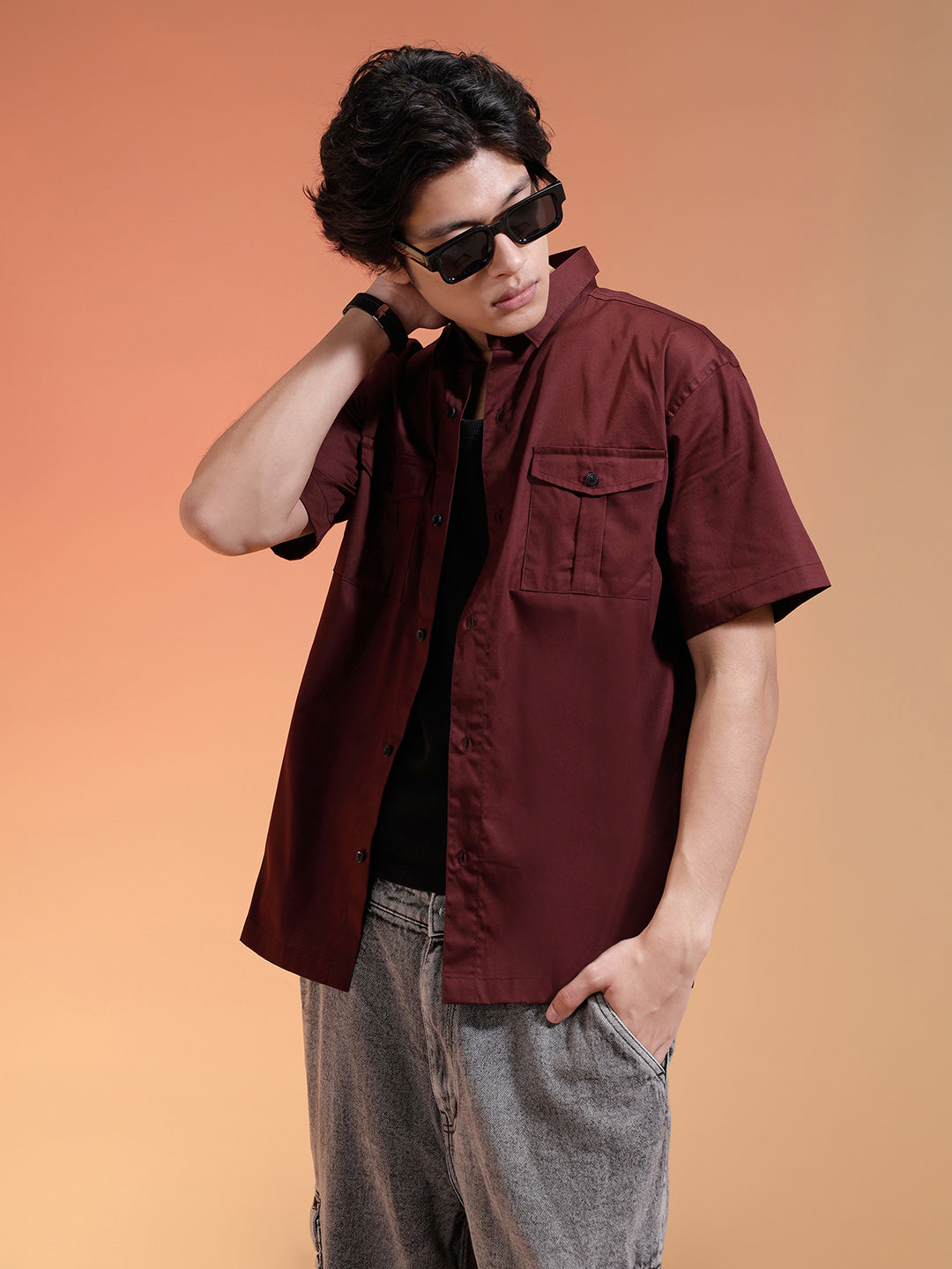 Brown Oversized Half Sleeve Dual Pocket Utility Exclusive Shirt