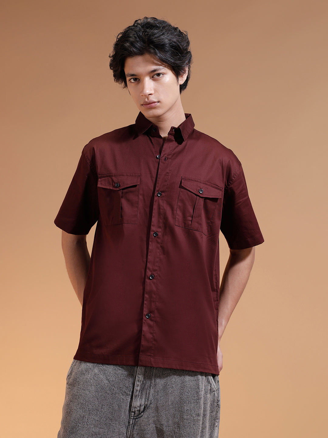 Brown Oversized Half Sleeve Dual Pocket Utility Exclusive Shirt