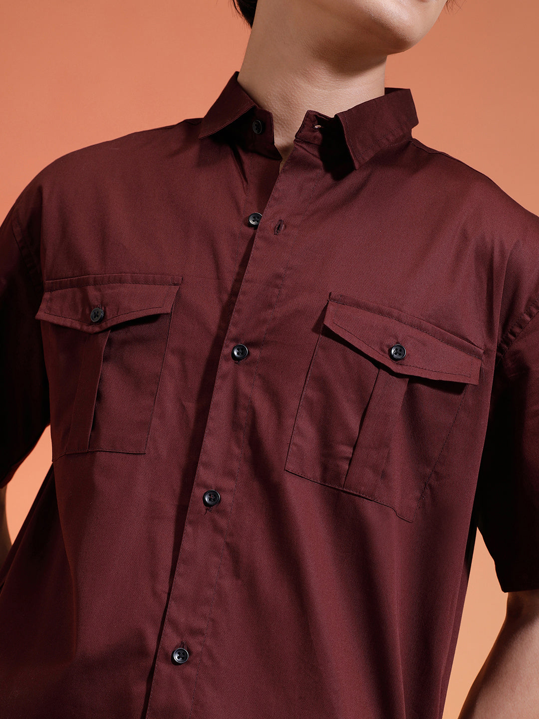Brown Oversized Half Sleeve Dual Pocket Utility Exclusive Shirt