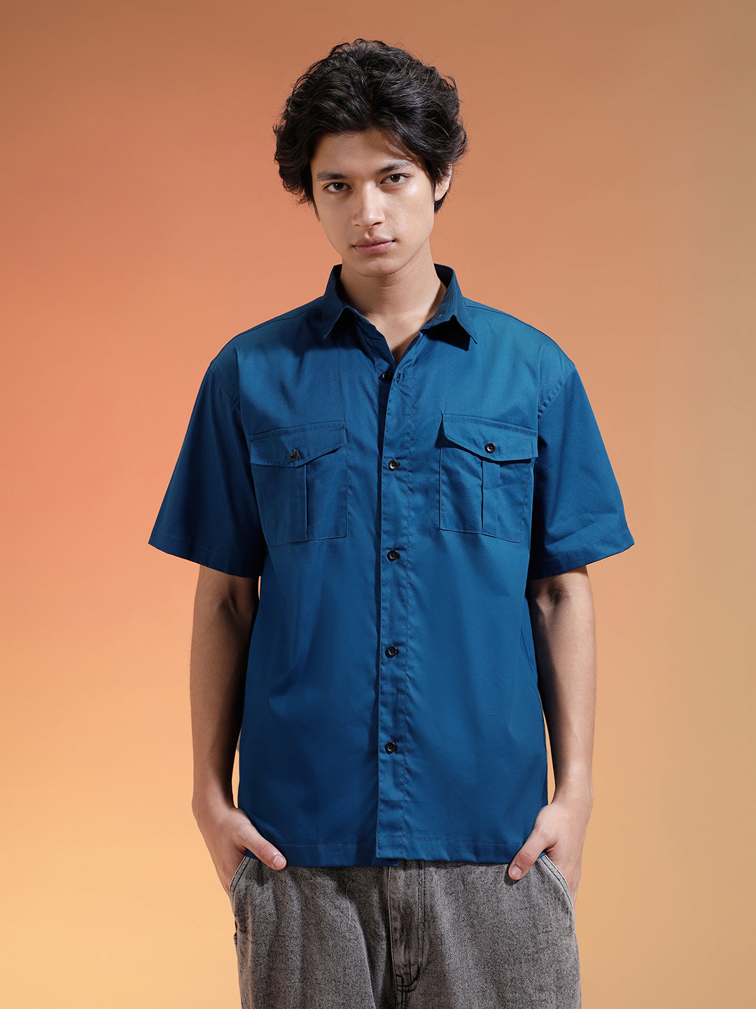 Navy Oversized Half Sleeve Dual Pocket Utility Exclusive Shirt