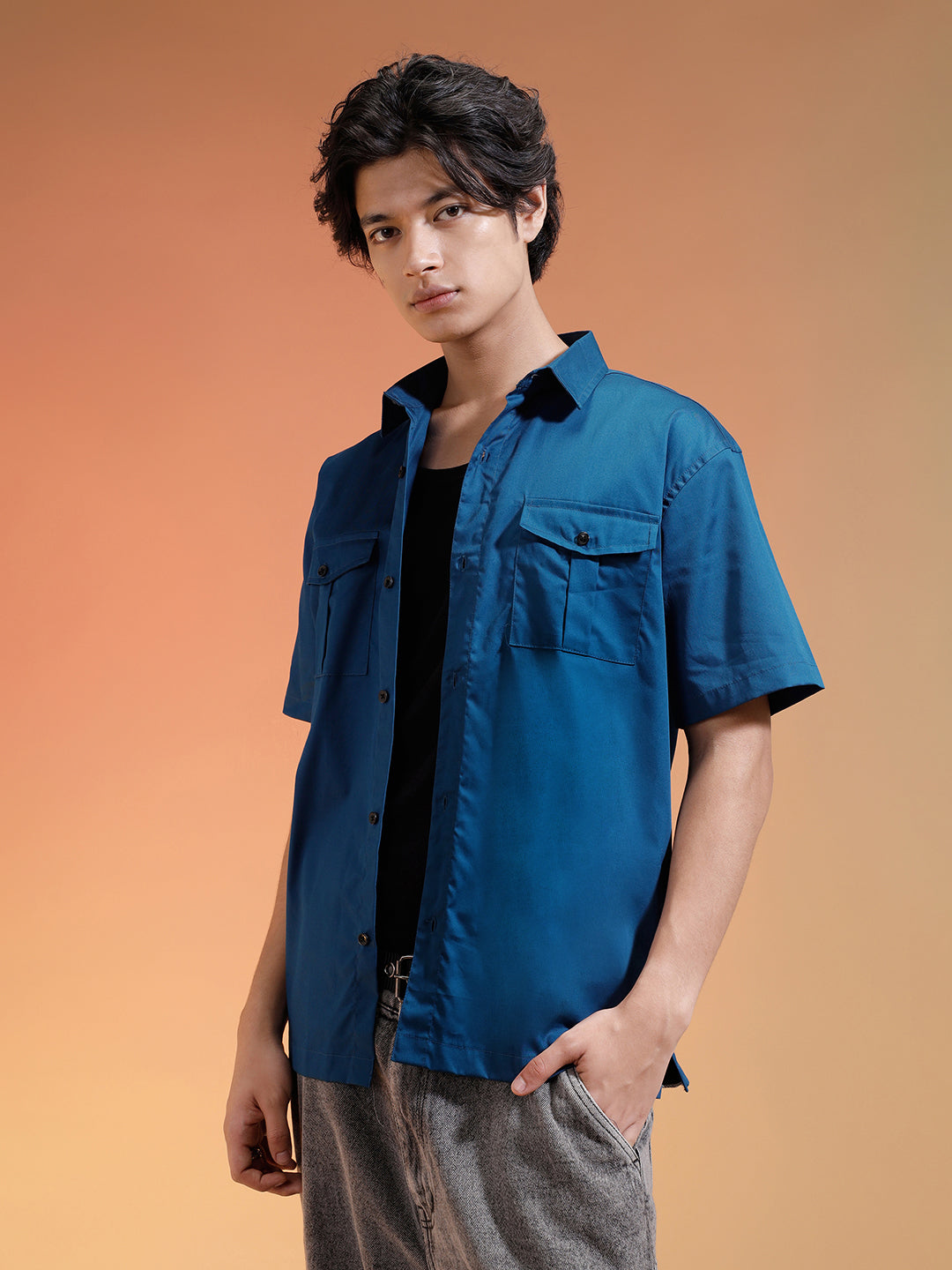 Navy Oversized Half Sleeve Dual Pocket Utility Exclusive Shirt