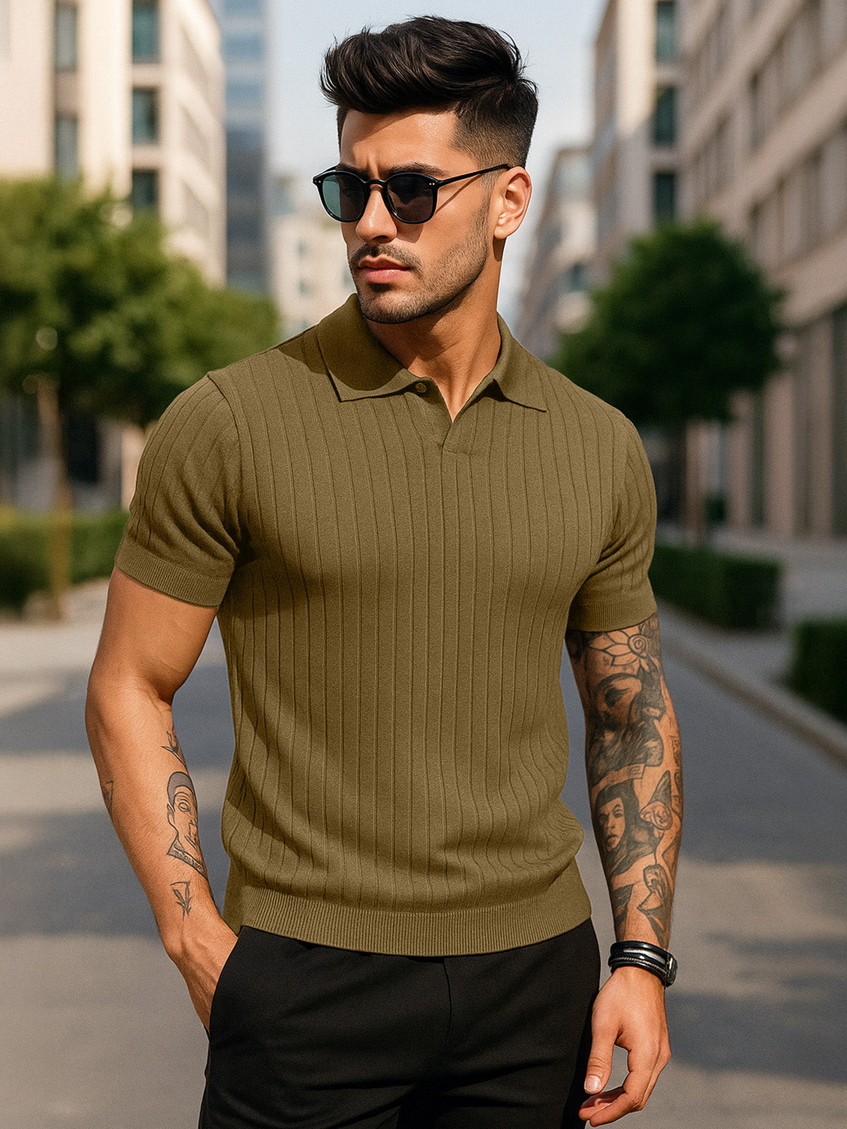 Khakhi Ribbed Flatknit Textured Regular Fit Exclusive Polo T-Shirt