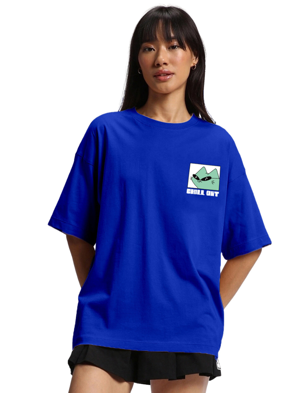 Royal Blue 'Chill Out' Pocket Print Women's Oversize Tee Veirdo