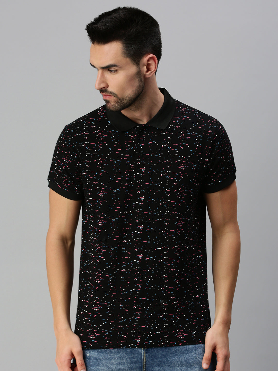 Black Printed Regular Fit Polo T-shirt