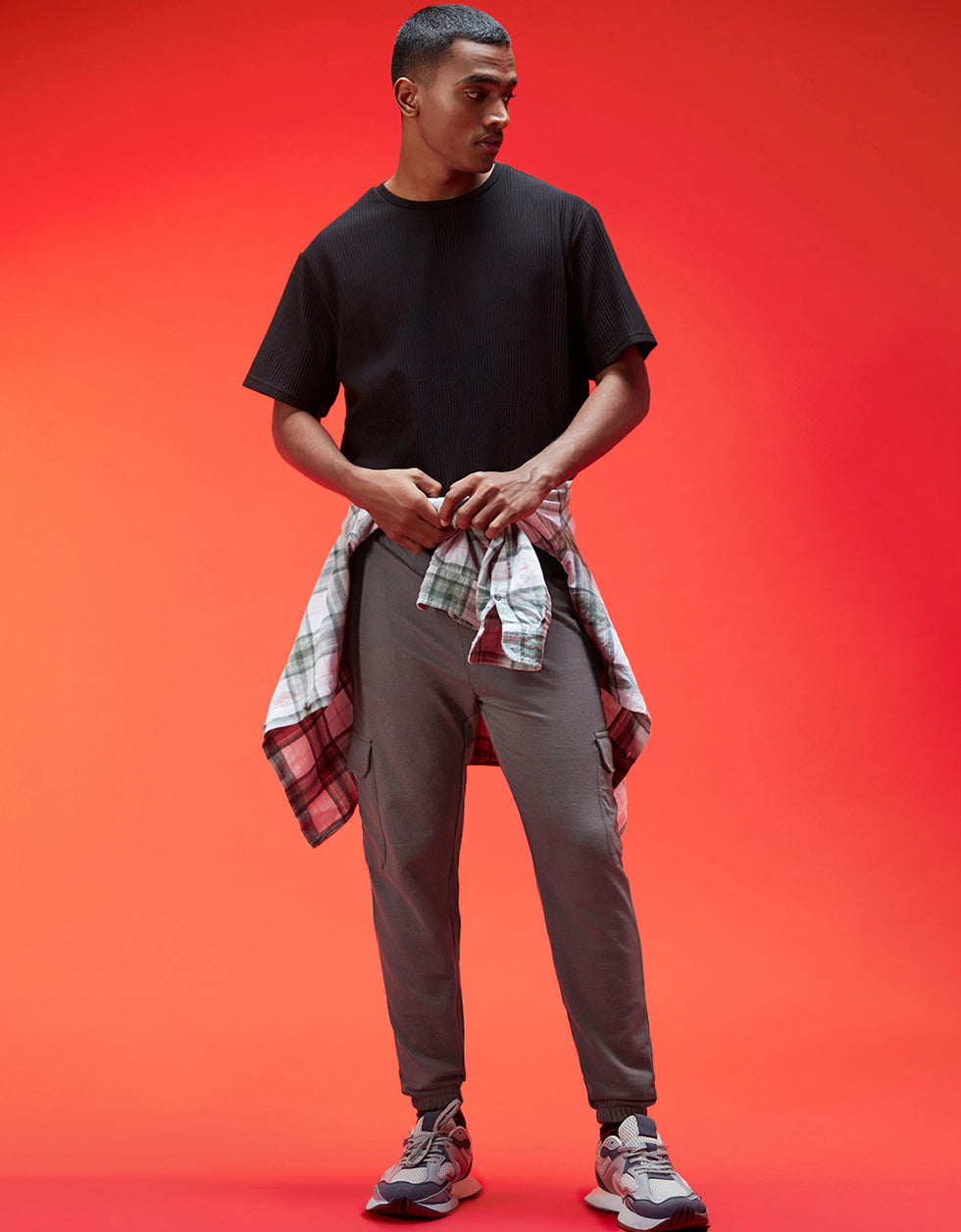 Charcoal Grey Solid Baggy Fit Cargo Joggers