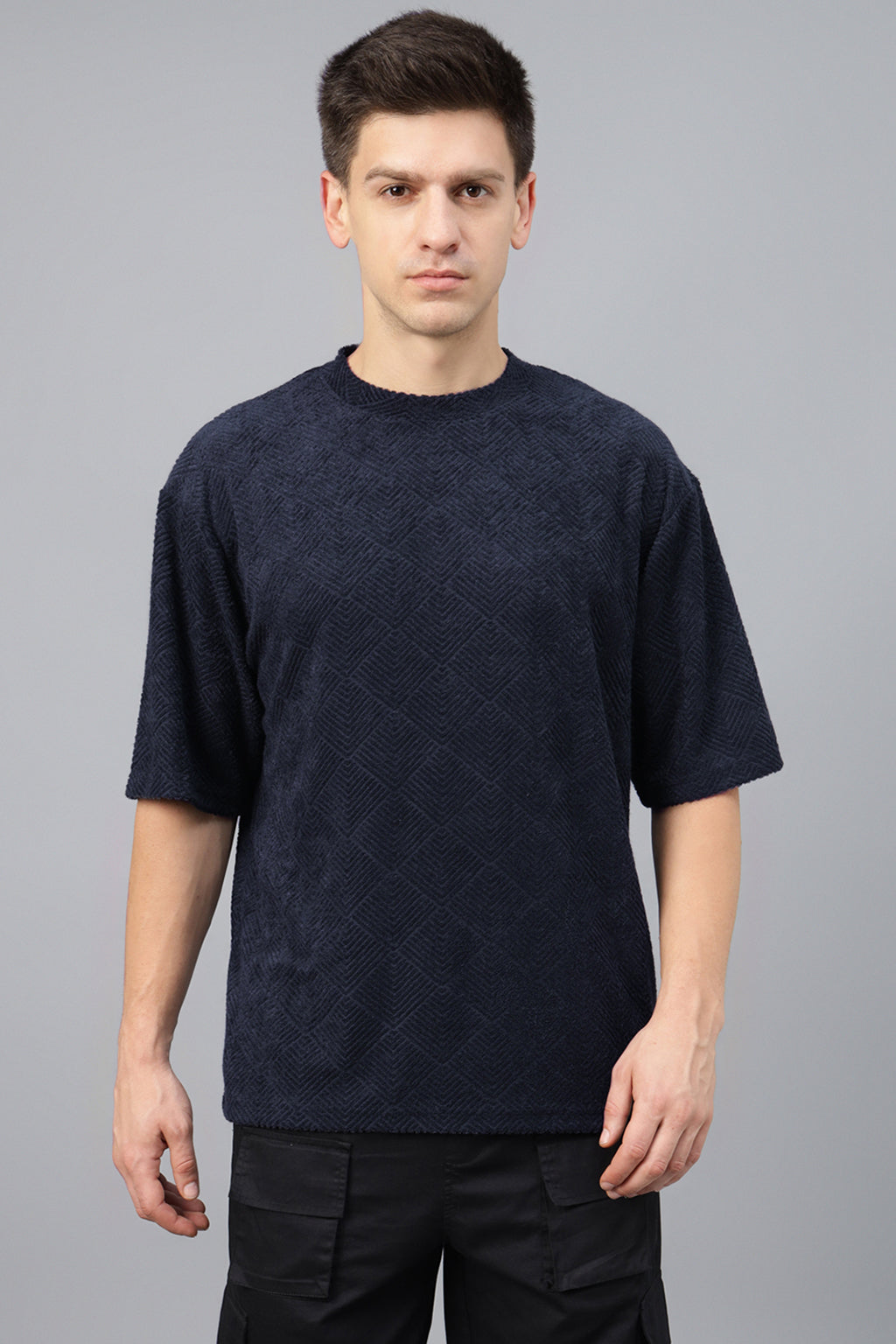 Navy Jacquard Plain Oversized Exclusive T-shirt