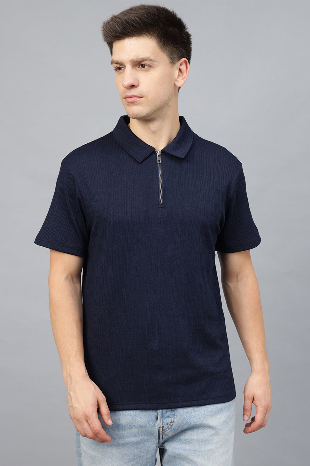 Navy Textured Plain Regular Fit Zipper Polo Exclusive T-shirt