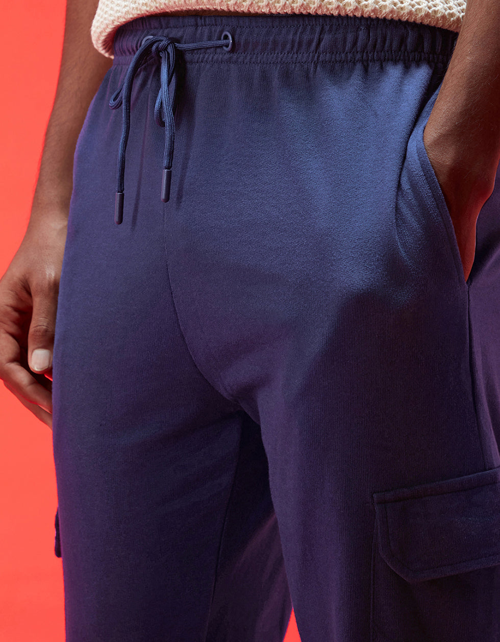 Navy Solid Baggy Fit Cargo Joggers