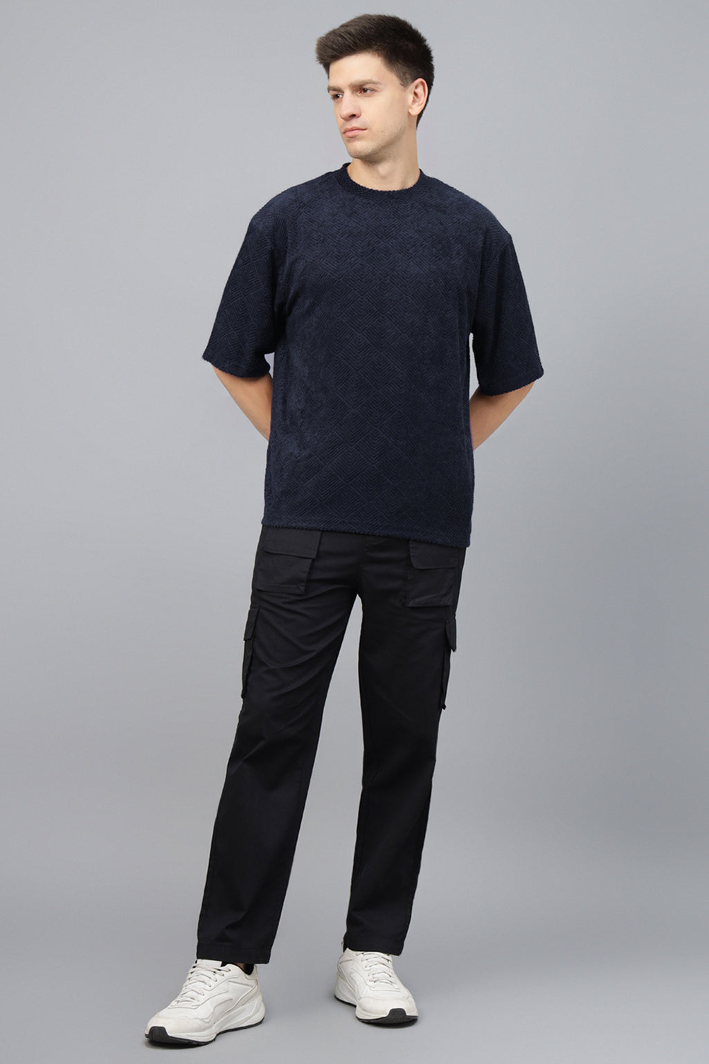 Navy Jacquard Plain Oversized Exclusive T-shirt