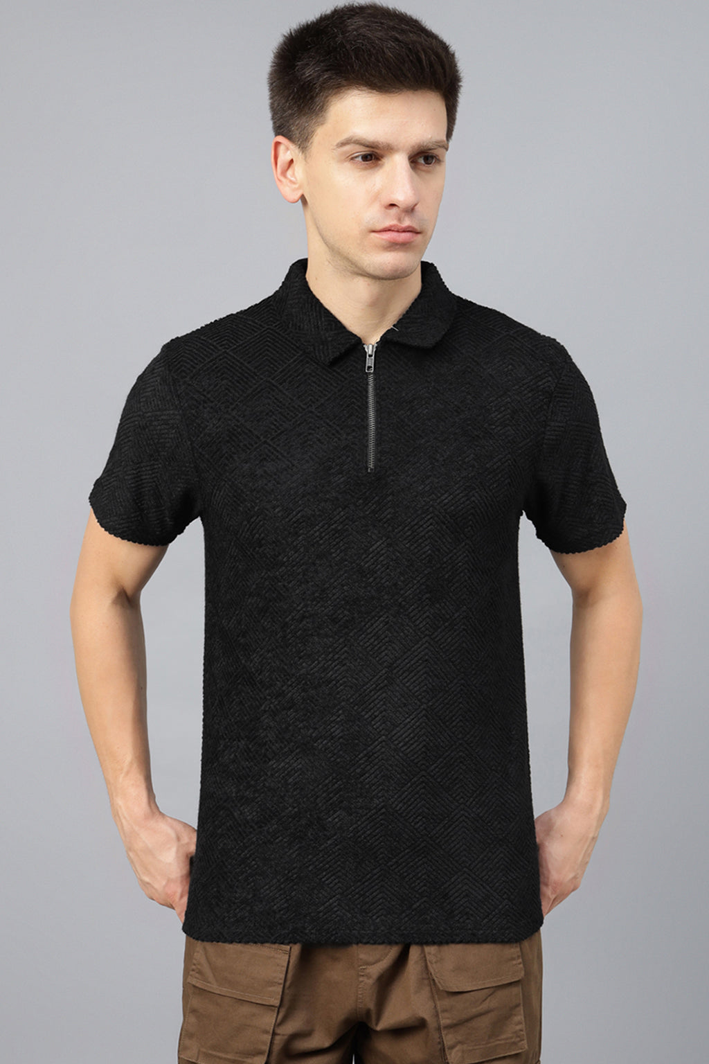 Black Jacquard Plain Regular Fit Zipper Polo Exclusive T-shirt