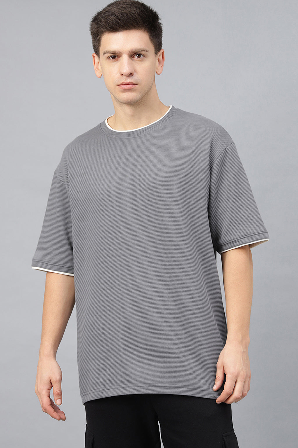 Grey & Mushroom Textured Plain Oversized Exclusive T-shirt