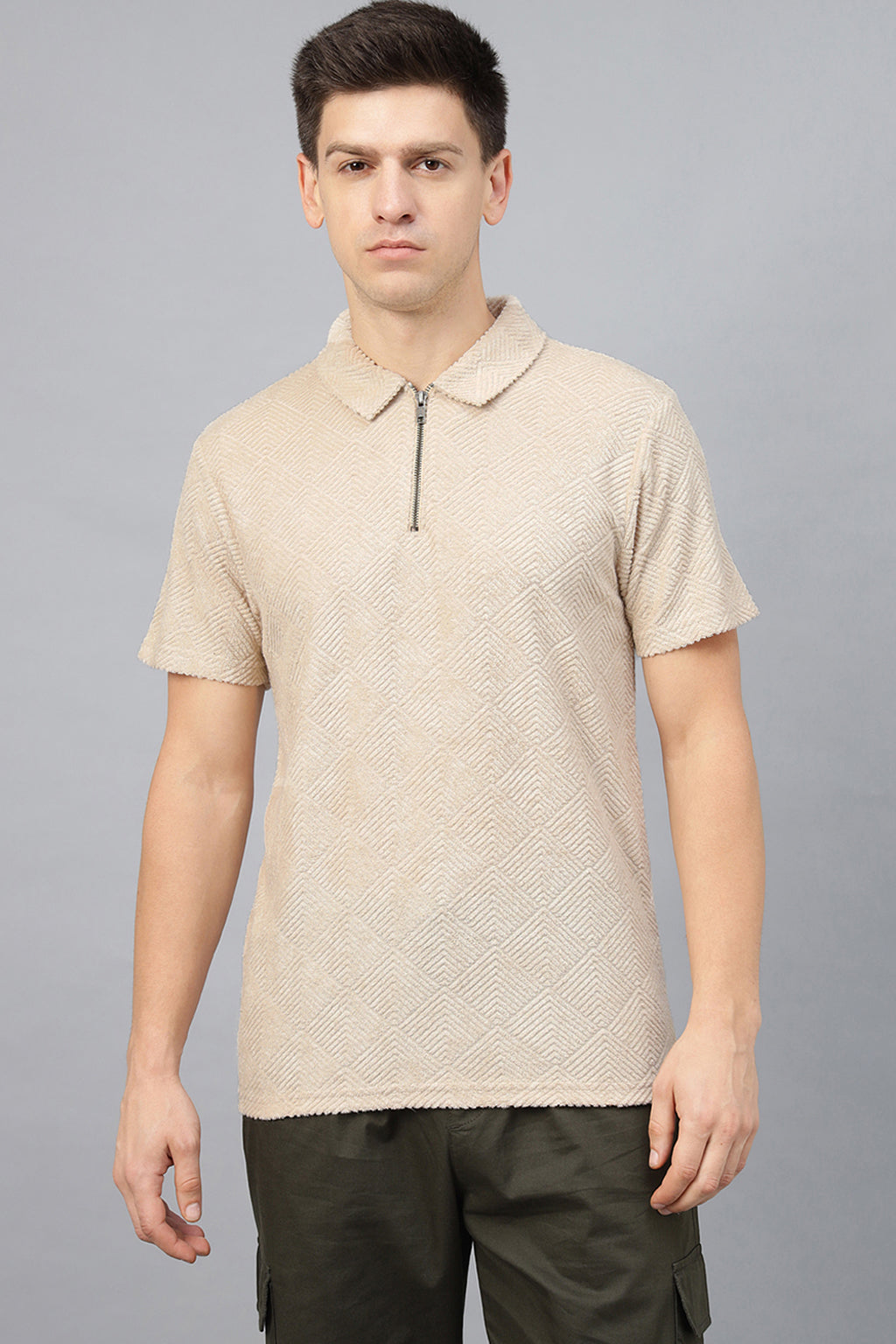 Beige Jacquard Plain Regular Fit Zipper Polo Exclusive T-shirt