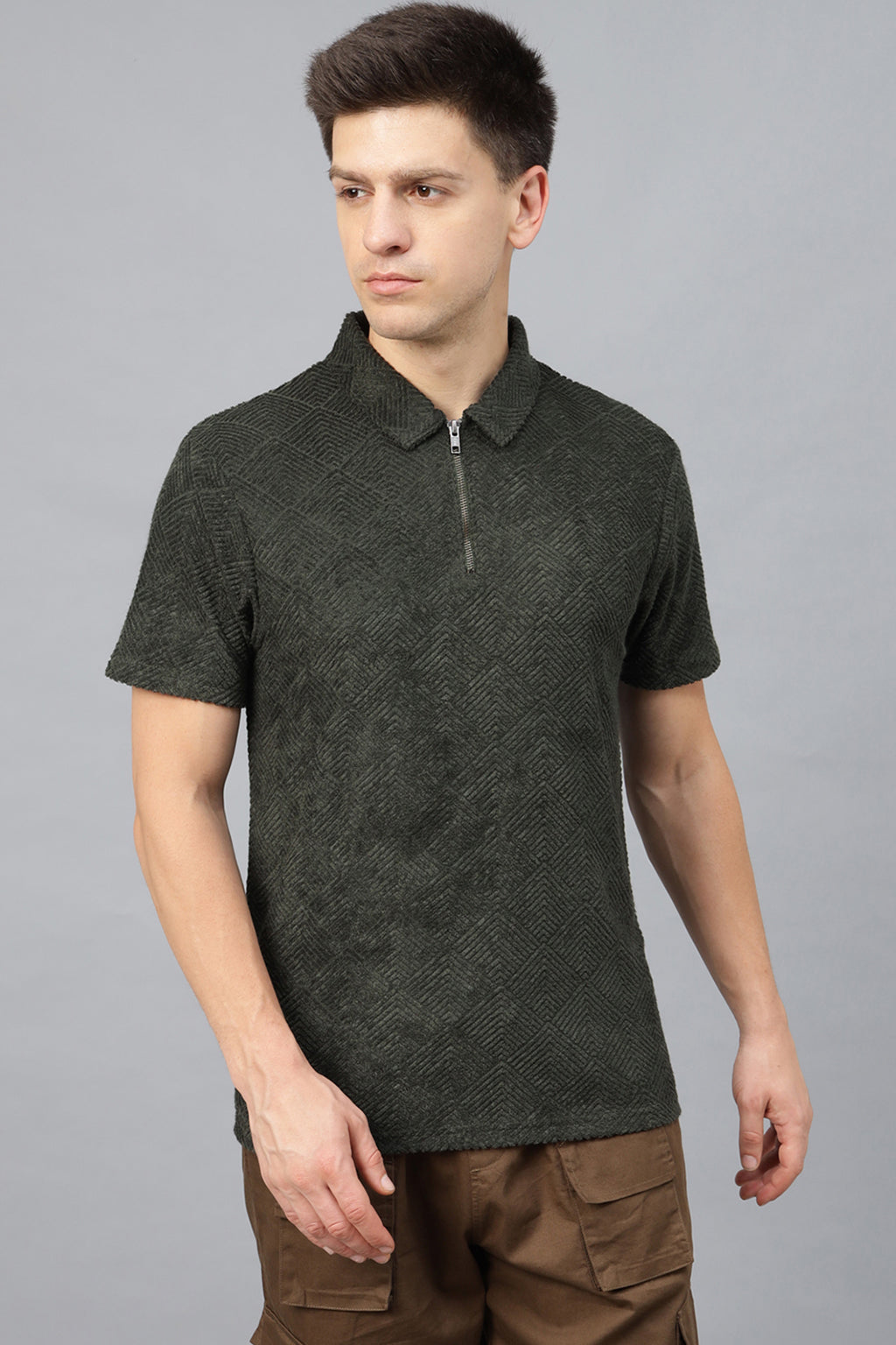 Olive Jacquard Plain Regular Fit Zipper Polo T-shirt