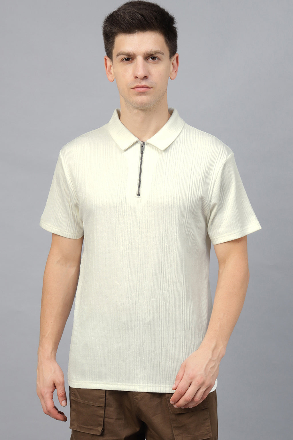 White Textured Plain Regular Fit Zipper Polo Exclusive T-shirt