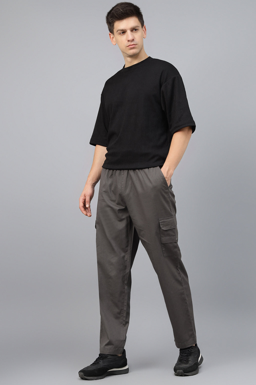 Grey Pure Cotton Baggy Fit 4 Pocket Cargo
