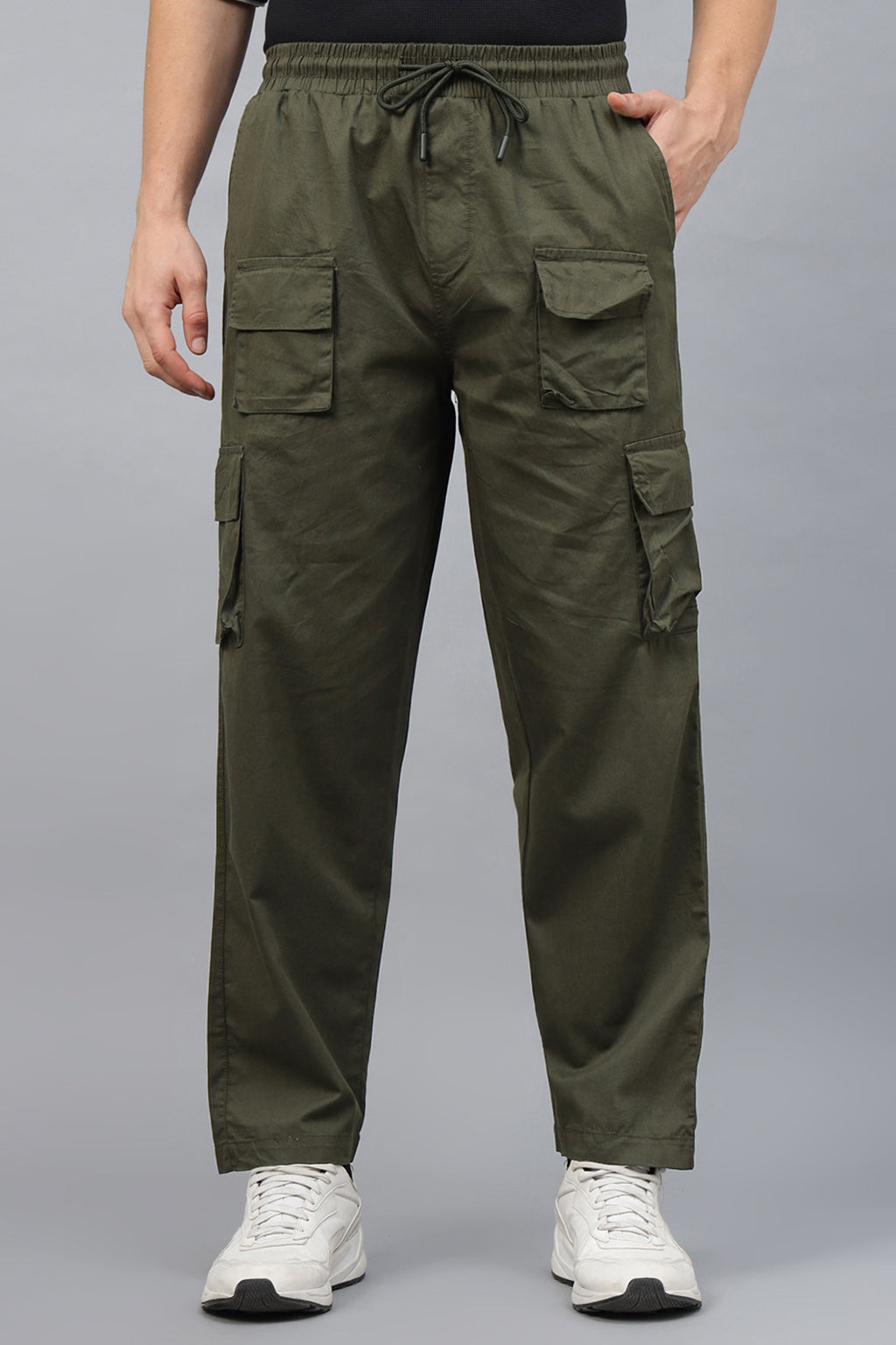 Olive Pure Cotton Baggy Fit 6 Pocket Cargo