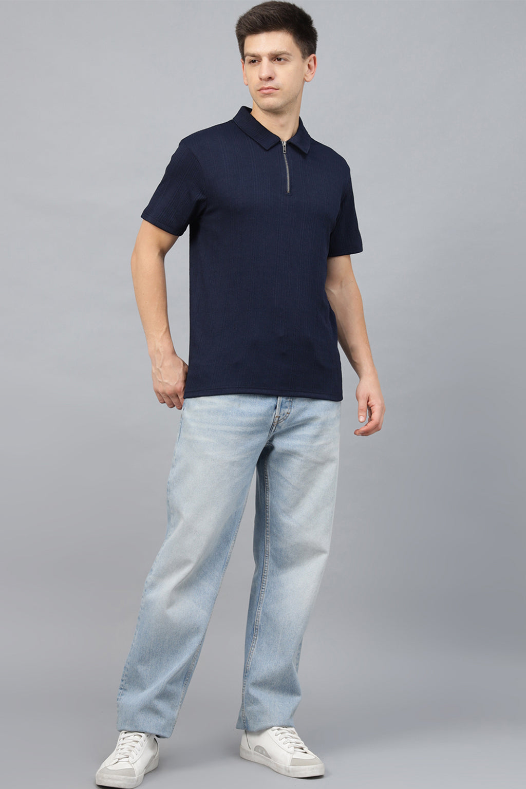 Navy Textured Plain Regular Fit Zipper Polo Exclusive T-shirt