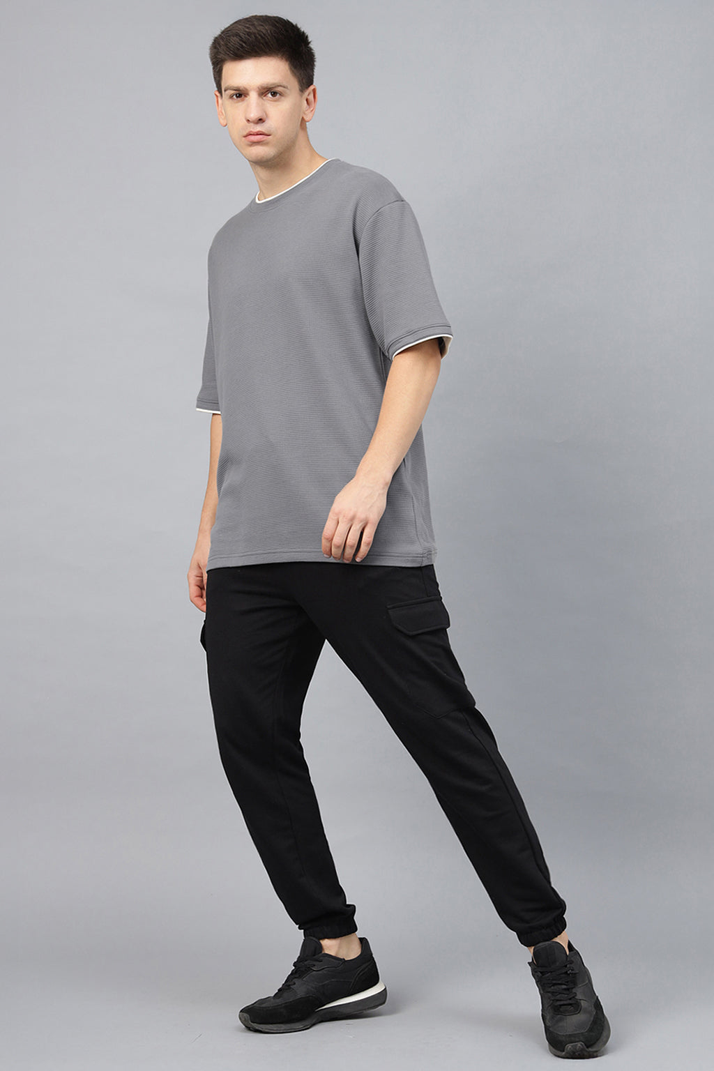 Grey & Mushroom Textured Plain Oversized Exclusive T-shirt
