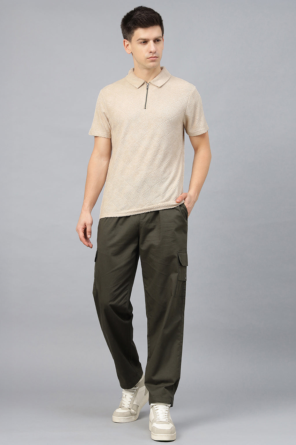 Beige Jacquard Plain Regular Fit Zipper Polo Exclusive T-shirt