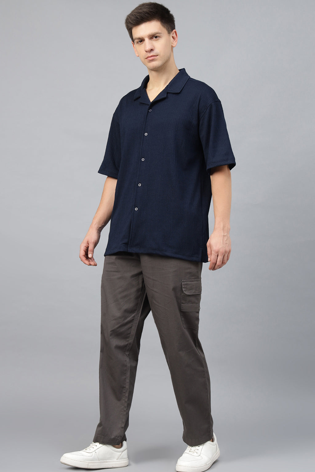 Navy Textured Plain Oversized Exclusive Shirt