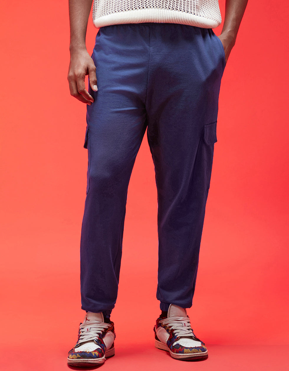 Navy Solid Baggy Fit Cargo Joggers