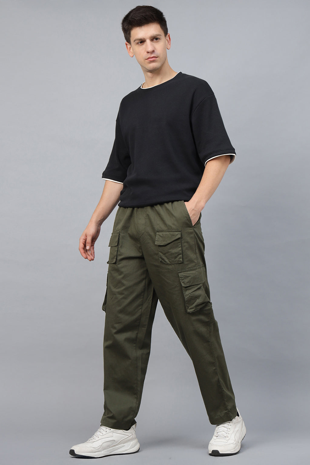 Olive Pure Cotton Baggy Fit 6 Pocket Cargo