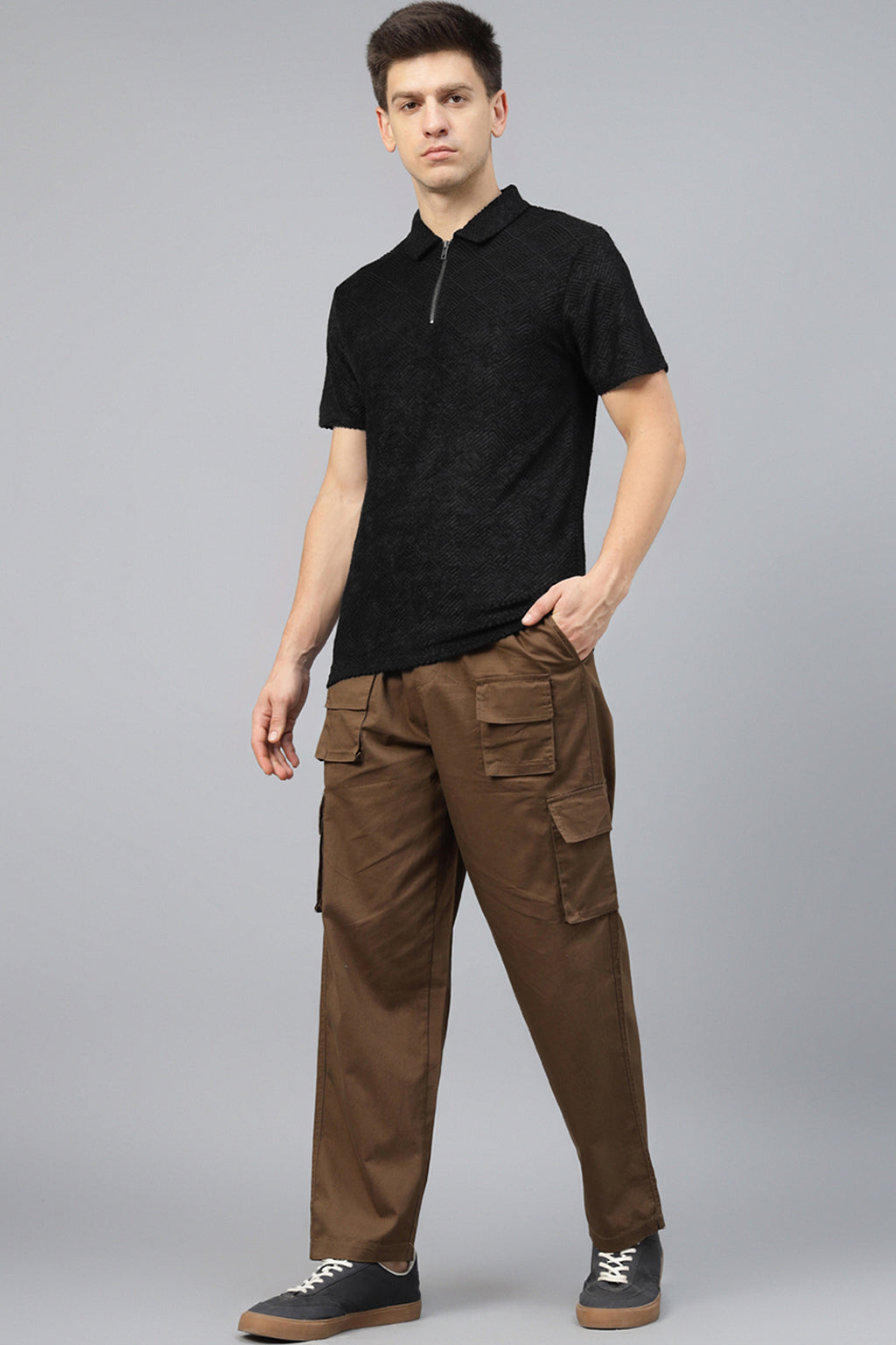 Black Jacquard Plain Regular Fit Zipper Polo Exclusive T-shirt